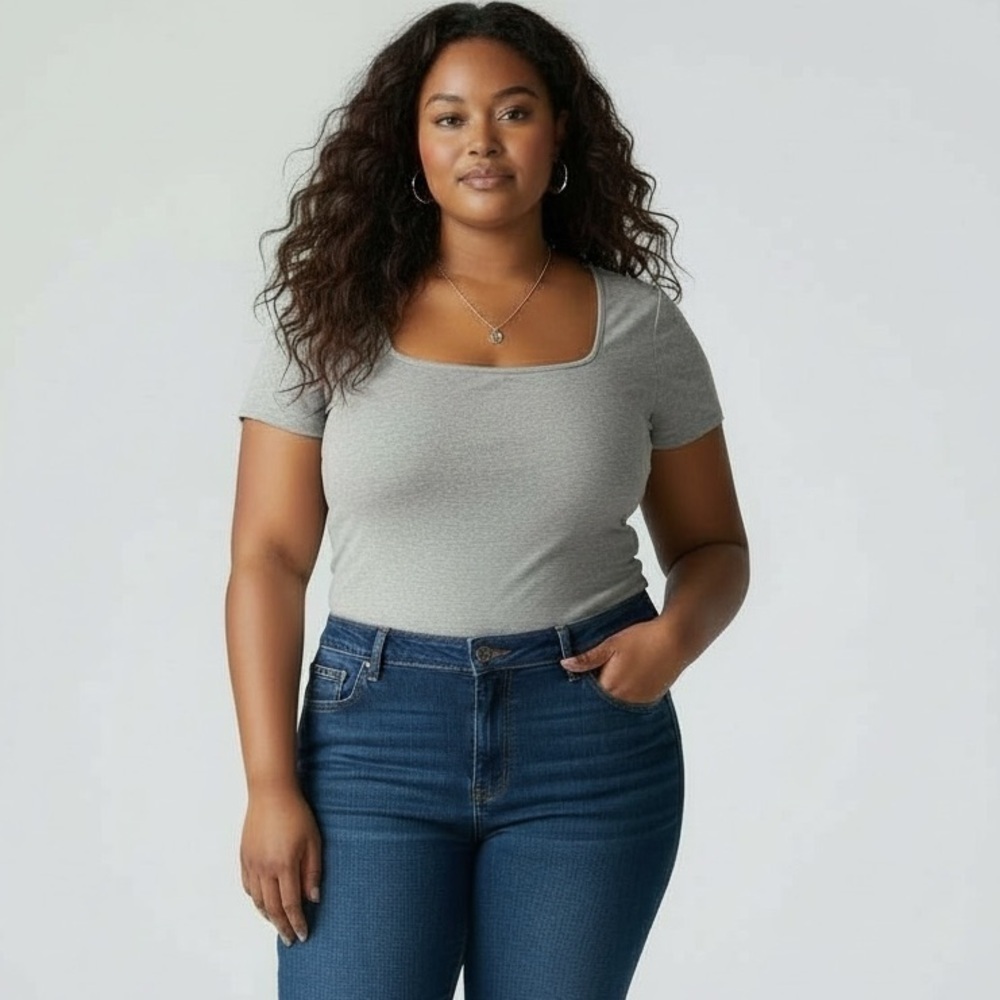 New XXL MangoPop Gray Square Neck Short Sleeve Bodysuit Plus Basic Base Layer